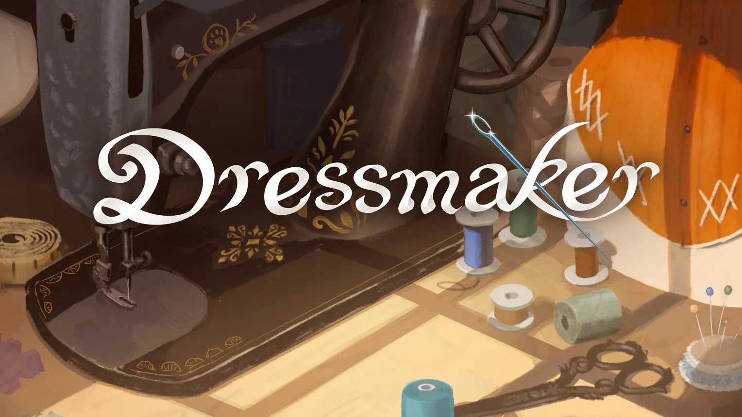 Dressmaker key art: a sewing machine, thread spools and scissors on a workbench