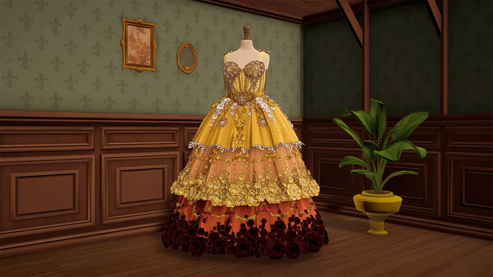 A tiered yellow and orange gown covered in flowers on the shop mannequin